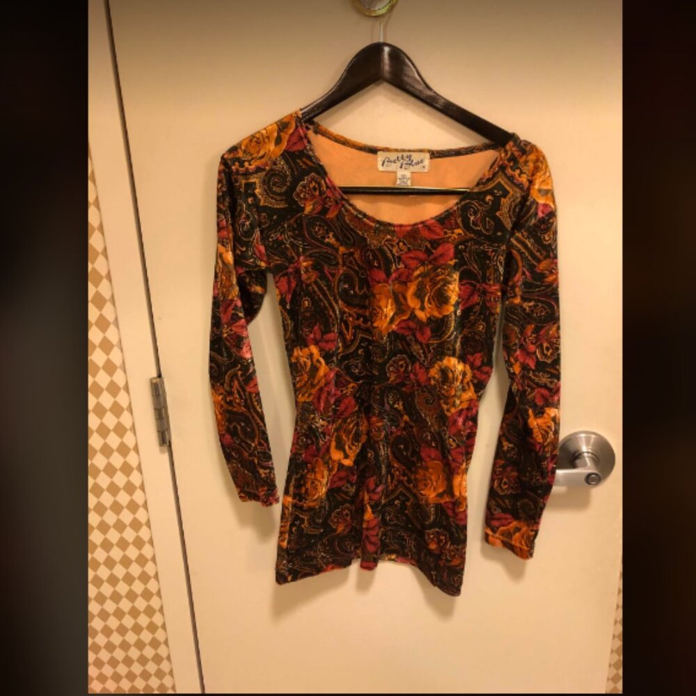 Vintage 1990s 2000s Velvet Floral Long Sleeve Tunic Top